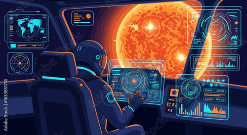 Astronaut Piloting Spaceship Navigating Toward Distant Star Surrounded By Digital Interfaces