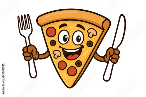 Cartoon pizza slice character holding fork and knife, happy face with toppings, fun food mascot illustration, cheerful restaurant menu design, playful Italian fast food concept vector