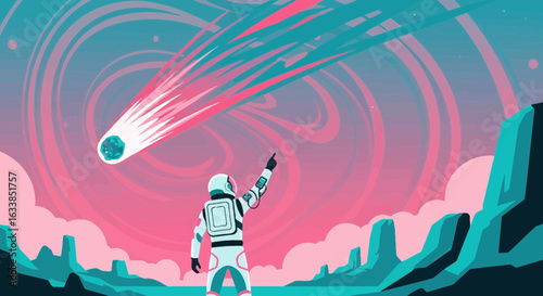 Astronaut Points to a Comet in a Surreal Pink And Blue Landscape