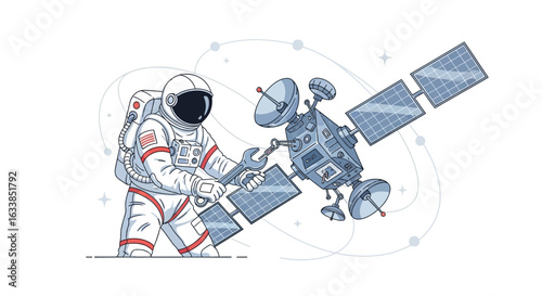 Astronaut Repairing Satellite With Wrench Amidst Stars In Outer Space