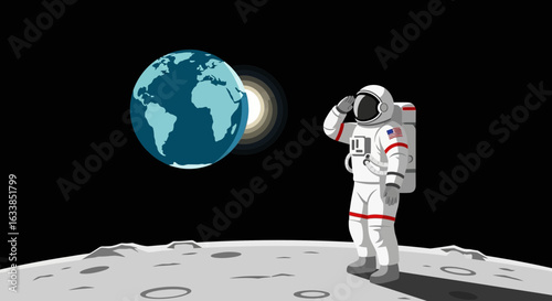 Astronaut Saluting Earth From Moon Graphic Illustration Of Space Exploration