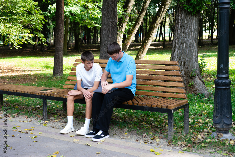 Fototapeta premium Two young men sit on a park bench, one showing something on a tablet. Lush greenery surrounds them in this outdoor scene. Casual day.