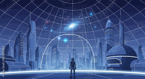 Astronaut Staring At Galaxy In Futuristic City Surrounded By Glowing Sphere