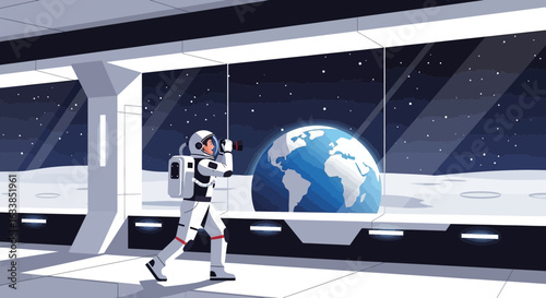 Astronaut Takes Photo of Earth From Moon Base Window Graphic Concept