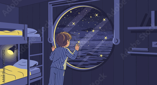 Boy In Pajamas Looking At Starry Night And Sea Through Porthole Window