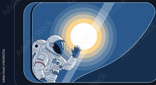 Astronaut Waving From a Spacecraft Window With View of a Distant Sun