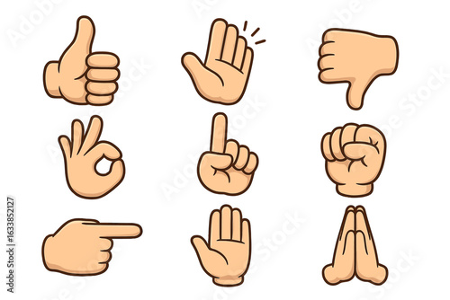 Cartoon Hand Gestures Icon Set. Thumbs Up, Down, OK, Point, Fist, Pray, Raised Palm. Emotions, Approval, Disapproval, Communication, Body Language, Vector Clipart for Graphic Design