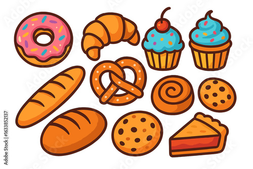 Delicious cartoon bakery products vector set. Sweet pastries, loaf bread, dessert icons including donut, croissant, cupcake, pie slice, pretzel, cookie. Cute food illustration for bakery shop