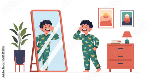 Boy In Pajamas Looking And Smiling At Reflection In Tall Mirror