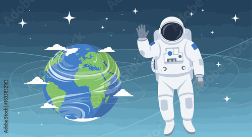 Astronaut Waving In Space Overlooking A Vibrant And Animated Earth Scene