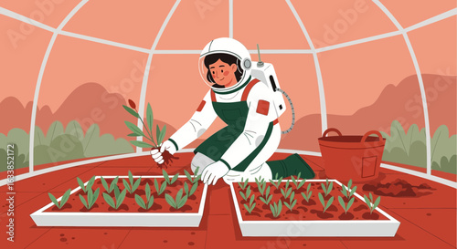 Astronaut Woman Cultivating Plants Inside Greenhouse on Mars Surface