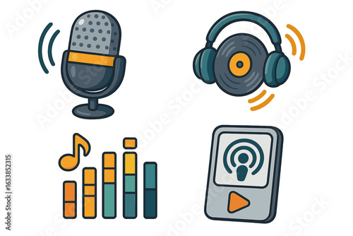 Modern podcast and audio media vector icons set. Podcast microphone, headphones, audio equalizer, digital player, music, sound streaming, broadcasting, media tools. Flat cartoon illustration.
