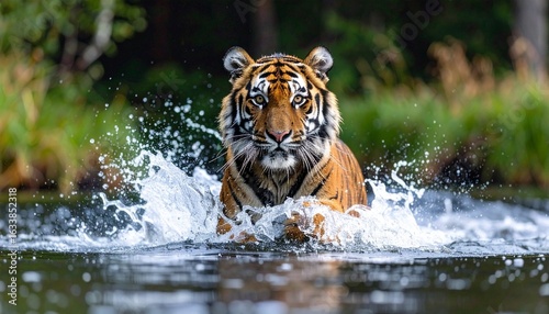 A powerful young tiger swimming through the water in a lush forest, creating a dynamic splashing motion.

