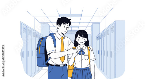 Caring Student Consoles Upset Classmate at School Hallway In Cartoon Illustration