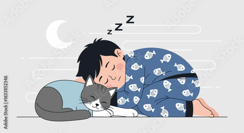 Boy In Pajamas With Fish Prints Sleeping Peacefully Next To His Sleeping Cat