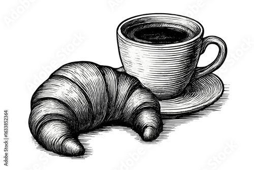 Vintage hand-drawn croissant and coffee cup illustration. Engraving style breakfast food sketch. French pastry with hot drink in mug. Retro bakery cafe concept. Monochrome vector art for menu design.