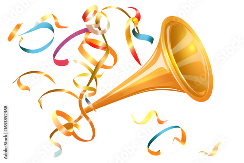 Festive trumpet with ribbons, isolated on transparent background