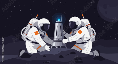 Astronauts Exploring New Frontiers On A Distant Moon Under The Starry Sky