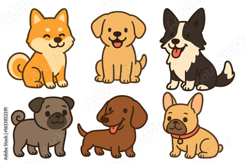 Cute cartoon dogs of various popular breeds in playful poses, kawaii style vector illustration, smiling puppies with unique characteristics, kids and pet lovers design, isolated set