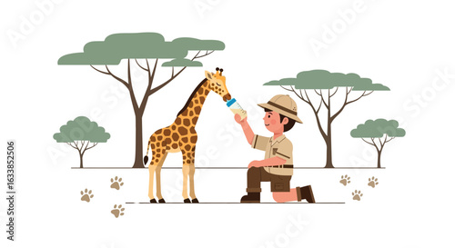 Caring Zookeeper Feeding Baby Giraffe In The Wild Savanna Environment