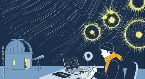 Astronomer Analyzing Solar Activity Near Observatory And Drawing Observations