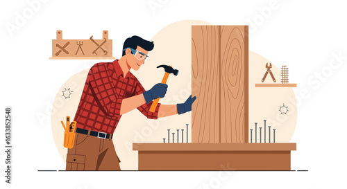 Carpenter At Work Nailing Wood Planks In His Workshop Skillful Craftsmanship