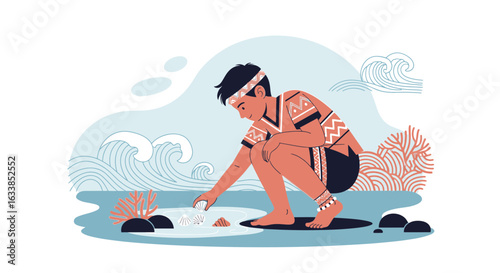 Boy In Traditional Garb Collecting Shells By The Ocean At Low Tide