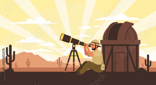 Astronomer Observes Desert Sky With Telescope In Front Of Observatory