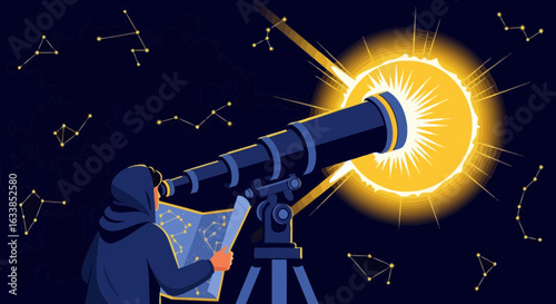 Astronomer Observes Distant Planets Through Telescope Against Celestial Background