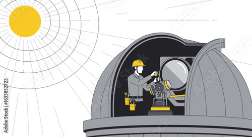 Astronomical Observatory Illustration An Engineer Calibrating A Large Telescope