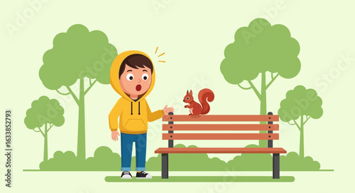 Boy Is Surprised By The Squirrel On The Bench In The Park