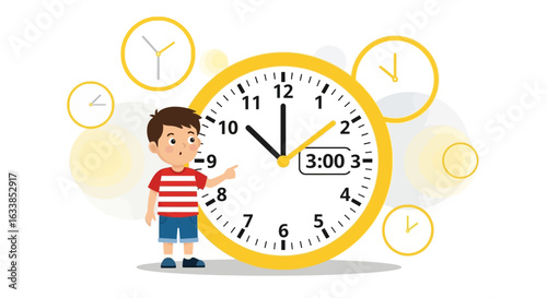 Boy Learning About Telling Time With Clock Illustration For Education