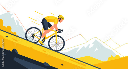 Athlete Rides a Bike Downhill with Mountains and Sky Landscape In Background