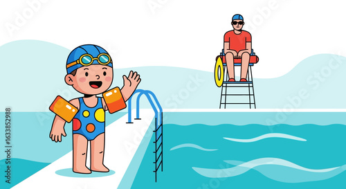 Cartoon Boy Enjoying Summer Vacation in a Swimming Pool with Lifeguard