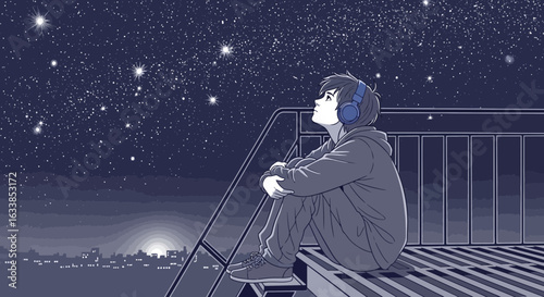 Boy Listening To Music Contemplating The Starry Sky Above Urban Landscape