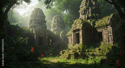 Fototapeta Naklejka Na Ścianę i Meble -  Ancient overgrown stone temple ruins hidden deep within a lush, dense jungle with sunlight filtering through the trees