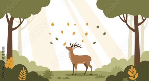 Autumnal Forest Scene Featuring a Majestic Deer Bathed in Sunlight