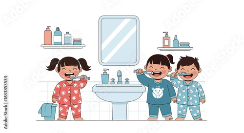 Cartoon Children Brushing Teeth Together In The Bathroom Routine Scene