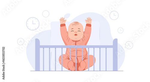 Awake Baby Reaching Up in Crib Surrounded by Clocks Vector Illustration