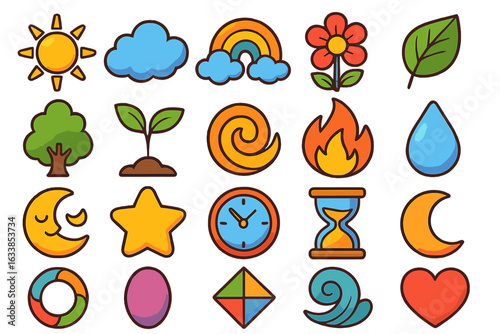 Vibrant collection of cartoon vector icons representing nature elements, weather, time symbols, abstract shapes, plants, moon, sun, and heart, perfect for apps, web design, and educational materials