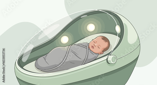 Baby Asleep In A Modern Sleek Bassinet With Mood Lighting Inside Cartoonish Style