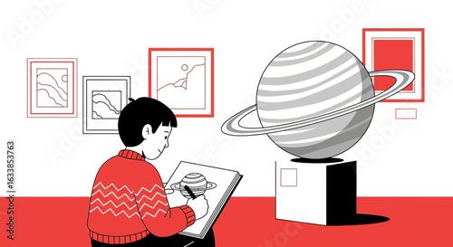 Boy Observes Planet At Museum And Sketches On His Sketchbook With Enthusiasm