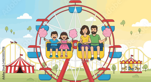 Cartoon Family Joyfully Enjoying a Ferris Wheel Ride at a Vibrant Carnival