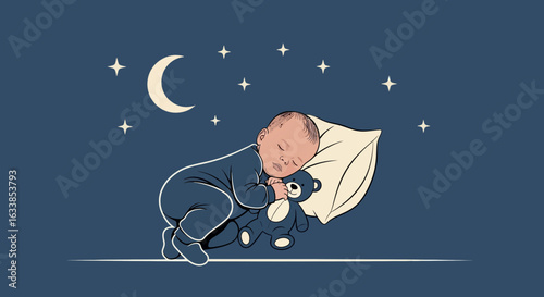 Baby Asleep Under Stars In Dreamland With Teddy Bear Illustration
