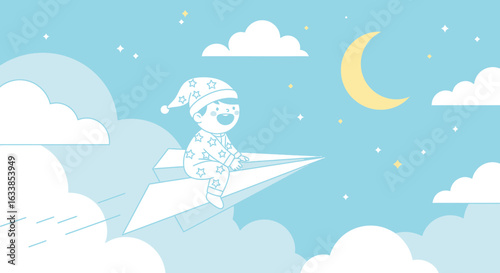 Boy On A Paper Airplane Exploring Dreamland Under The Moonlit Sky