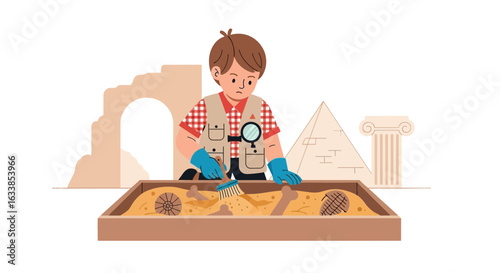 Boy On Archaeological Excavation Studying Ancient Artifacts Discovery