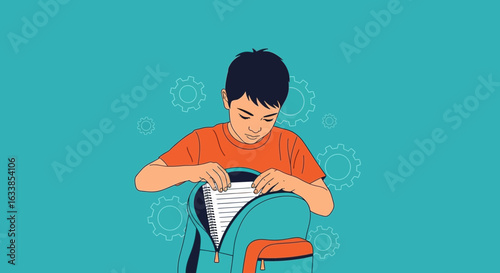Boy Packing Schoolbag Preparing For School Amidst Back To Learning Environment