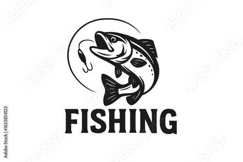 Vintage Fishing Logo Design, Jumping Fish with Hook and Line, Retro Angling Badge, Freshwater Fishing Icon, Sport Fishing Emblem, Outdoor Adventure Symbol, Monochrome Vector Art