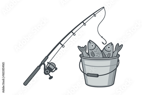 Fishing rod with reel and hook near metal bucket full of freshly caught fish, angling equipment, catch of the day, sport fishing concept, isolated vector illustration, transparent background