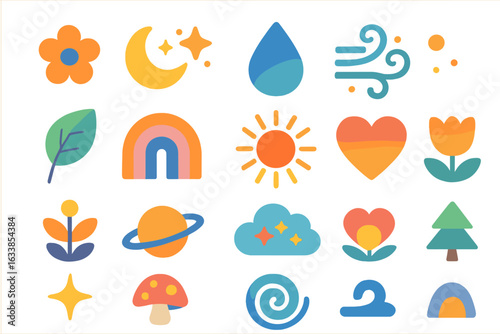 Vibrant vector illustration set of abstract icons featuring nature elements, celestial symbols, weather, flowers, sun, moon, stars, hearts, trees, whimsical shapes for modern cartoon design